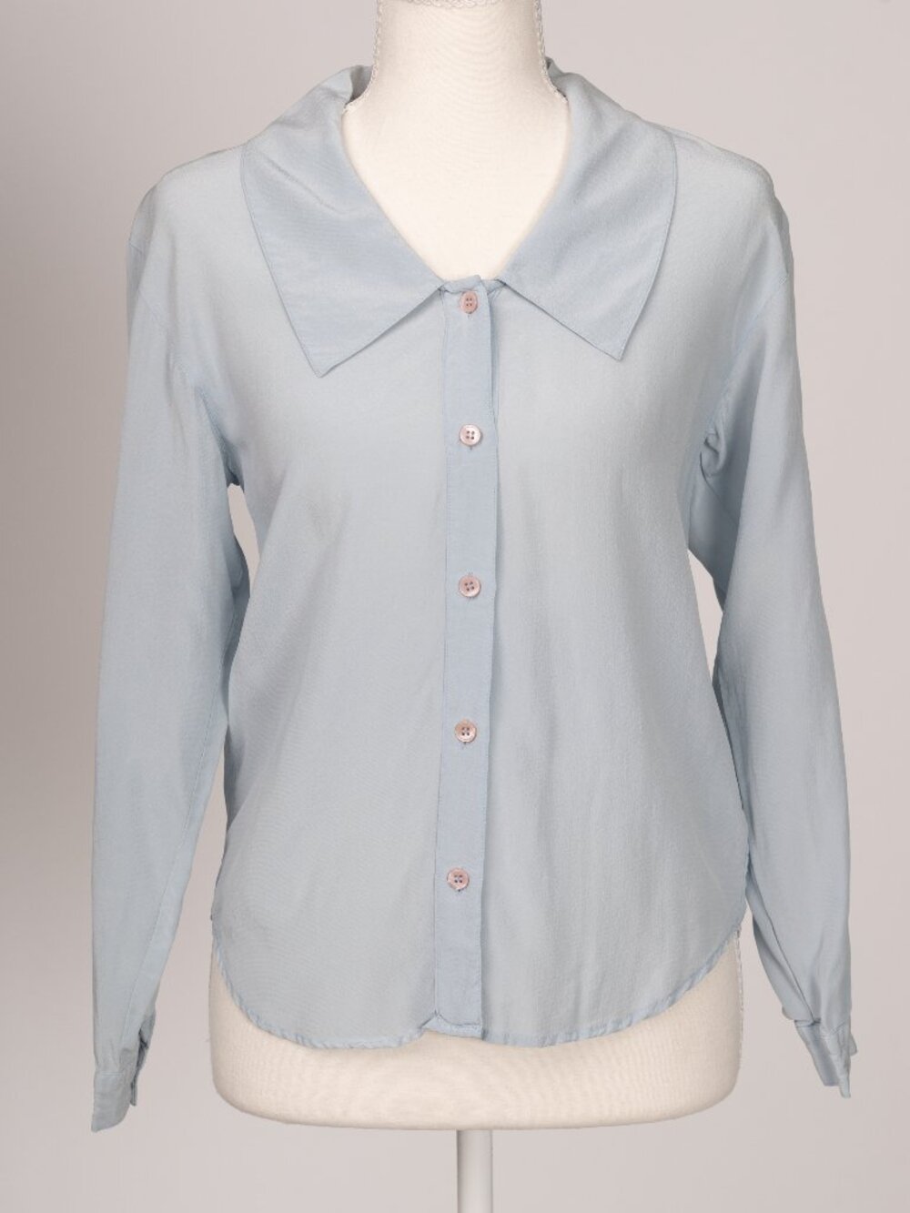 Vintage 80s Avon Fashions 100% Silk Oversized Collar Ice Blue Blouse XS Retro